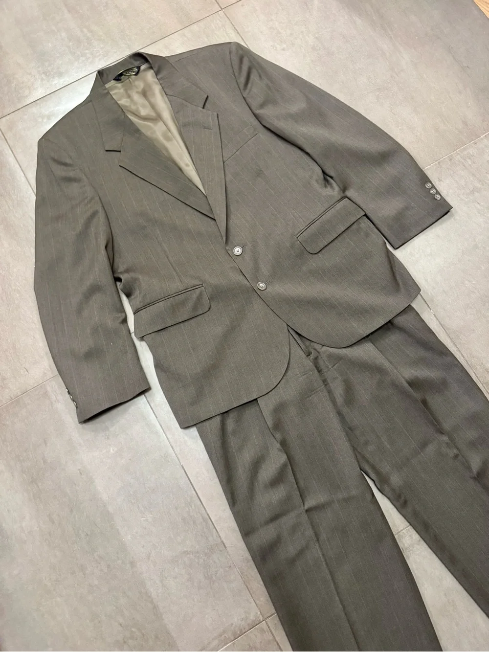 Vintage Pierre Balmain Wool Two-Piece Suit, Gray w/ Brown Pinstripes, Men’s M-L